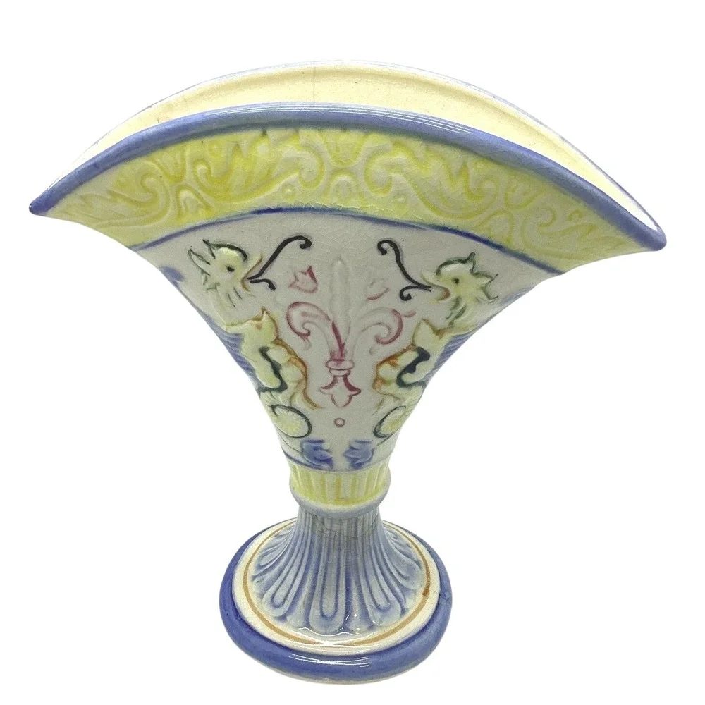 Vintage Maruhon Ware Japan Hand‎ Painted Fan Vase Art Deco Fruit Bow Relief
